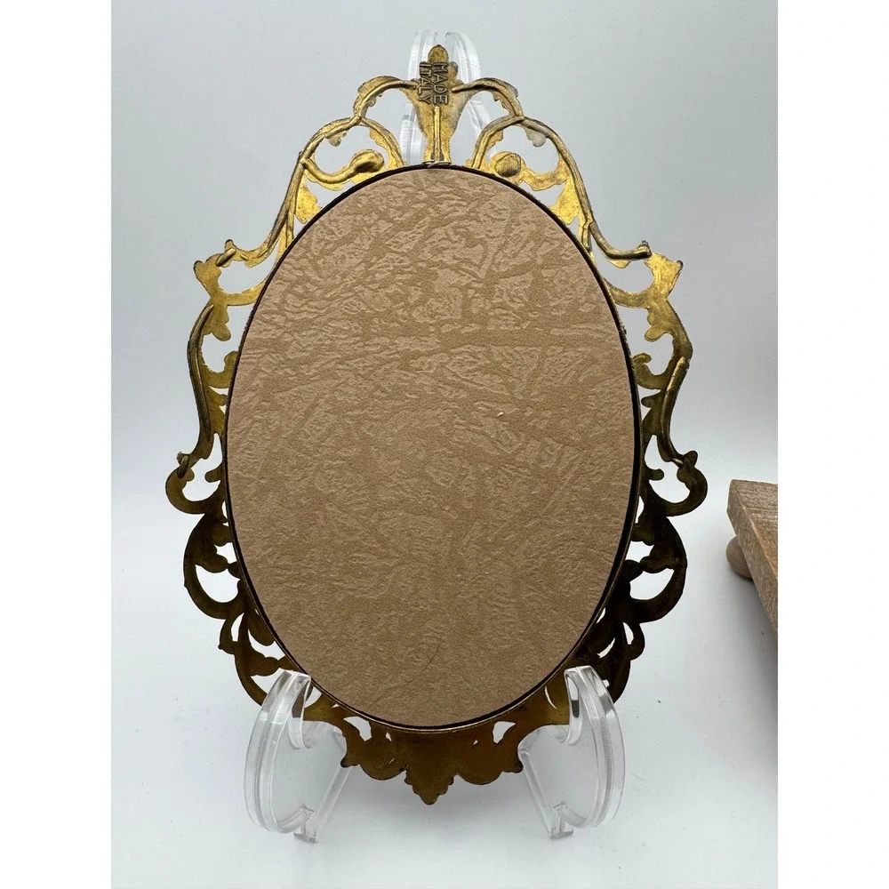 Vintage Italy Brass Ornate Floral Print Oval Frames Convex Glass Set of 2
